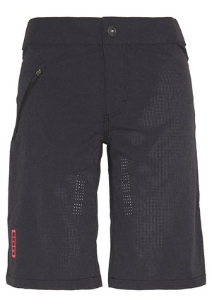 Sorte knælange shorts med lynlåslomme på venstre side, knaplukning og subtilt perforeret mønster på forreste lår.