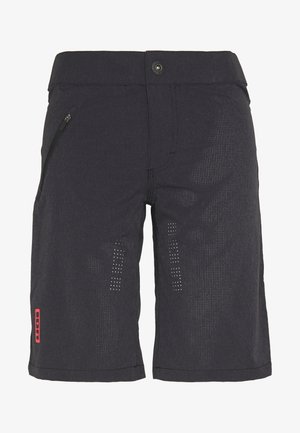 Shorts noirs mi-genou avec poche zippée sur le côté gauche, fermeture par bouton et motif perforé subtil sur l'avant des cuisses.