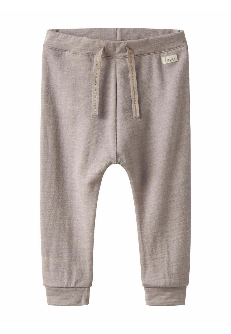 Ljusgrå bomulls-joggingbyxor med dragsko i midjan och ribbade muddar. Mjuk textur, enkel design och en liten logotag i midjan.