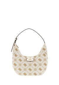 Sac à main en tissu beige avec une forme courbée, ornée d'un motif de logo doré, d'un fermoir en métal argenté et d'une bandoulière noire.
