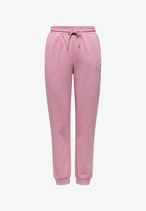 Light pink sweatpants with elastic waistband and drawstring, side pockets, cuffed ankles, and small circular logo on the upper left leg.
