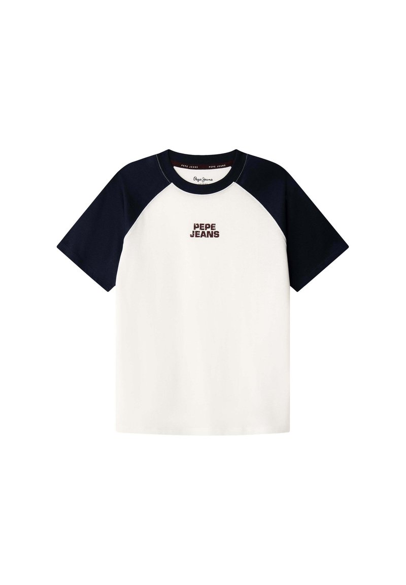 Bílý krátký rukáv tričko s námořnickými modrými raglánovými rukávy, které je zdobeno malým logem "Pepe Jeans" v burgundské barvě na hrudi. Směs bavlny.