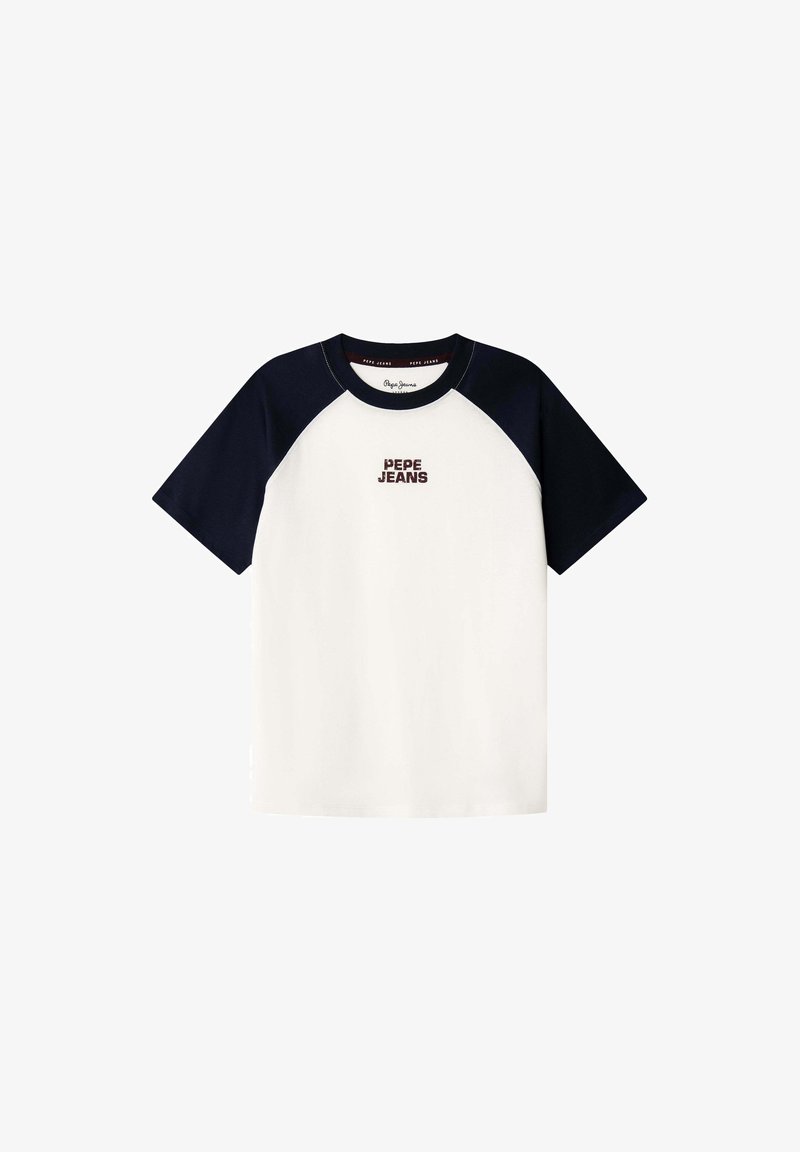 Balts īsām piedurknēm T-krekls ar tumši zilām raglanu piedurknēm, uz krūtīm ar mazu "Pepe Jeans" logo burgundijas krāsā. Kokvilnas maisījuma audums.