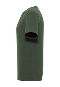 Olivegrünes Baumwoll-T-Shirt mit Rundhalsausschnitt. Kurzärmlig und gerade geschnitten. Keine sichtbaren Muster oder Verzierungen.