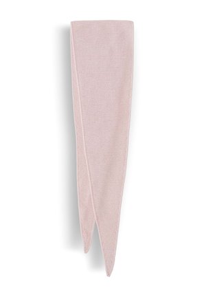 Écharpe triangulaire tricotée rose pâle avec un motif texturé, pliée avec les extrémités pointues pendant vers le bas sur un fond blanc.