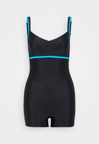 Costume da bagno nero con scollo a V, spalline regolabili e dettagli turchesi. Design a gamba corta con una texture liscia ed elastica.