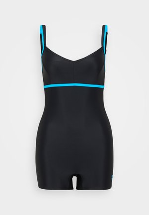 Sort badedragt med V-udskæring, justerbare stropper og turkise detaljer. Kort ben-design med en glat, strækbar tekstur.