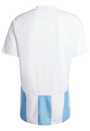 White short-sleeve jersey featuring light blue vertical stripes at the bottom. Made from breathable fabric with a smooth texture.