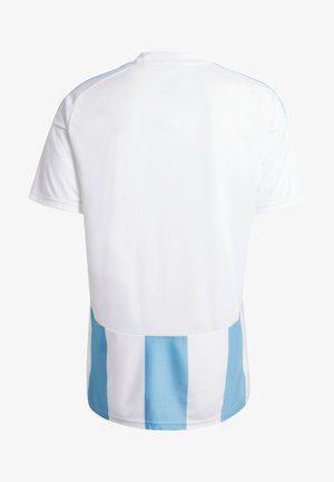 Vitt kortärmat jersey med ljusblå vertikala ränder i botten. Tillverkad av ett andningsbart tyg med en slät yta.