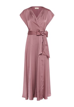Vestido envolvente en satén de un suave color malva con mangas cortas tipo capa, escote en V profundo y un cinturón decorativo atado a la cintura. Suelto y de longitud hasta el tobillo.