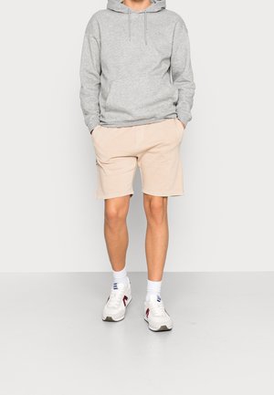 Grå huvtröja med en framficka, ihop med ljusbeiga shorts. Vita sneakers med röda och marinblå accenter. Enkel, avslappnad stil.