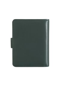 Donkergroen leren portemonnee met een gladde textuur, rechthoekige vorm, afgeronde hoeken en een sluiting met een klap, met nette stiksels langs de randen.