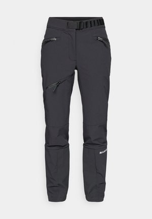 Fekete, megfelelően illeszkedő softshell nadrág, cipzáros zsebekkel, rugalmas derékpánttal és textúrázott alsó lábpanellel. Tartós anyag kültéri használatra.