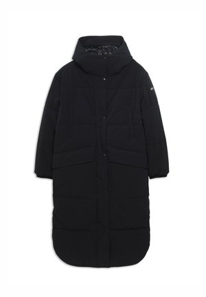 Cappotto invernale lungo nero con colletto alto, chiusure frontali a scatto, due ampie tasche laterali e vita stretta, caratterizzato da una texture liscia e opaca.