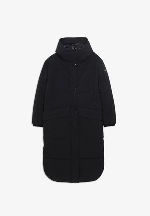 Cappotto invernale lungo nero con colletto alto, chiusure frontali a scatto, due ampie tasche laterali e vita stretta, caratterizzato da una texture liscia e opaca.