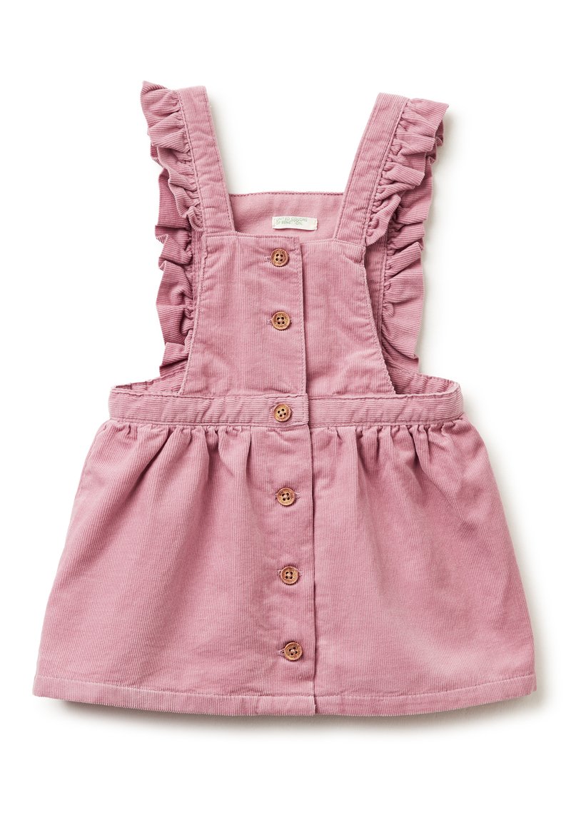 Vestido de pana rosa con tirantes rizados y cintura fruncida, que presenta botones de madera en la parte delantera. Textura suave con un acabado liso.