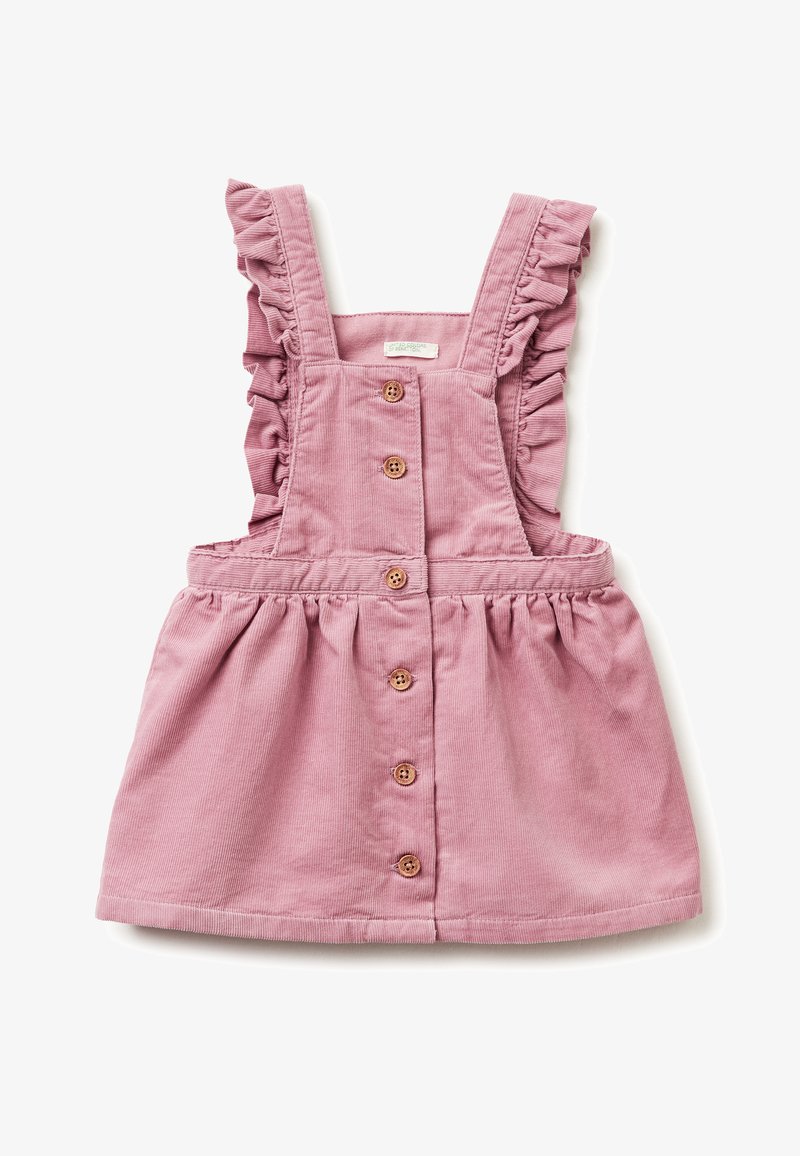 Vestido de pana rosa con tirantes rizados y cintura fruncida, que presenta botones de madera en la parte delantera. Textura suave con un acabado liso.