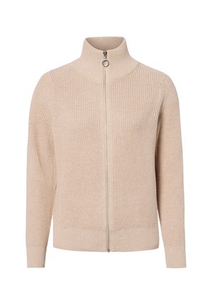 Beiger Strickpullover mit langen Ärmeln und einem vollständigen Frontreißverschluss mit rundem Metallgriff, vor weißem Hintergrund.