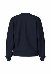 Felpa blu navy con scollo rotondo, maniche lunghe e polsini a costine. Presenta una vestibilità comoda e una texture morbida.