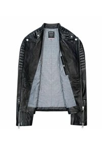 Czarna skórzana kurtka motocyklowa z zatrzaskowym kołnierzem, pikowanymi akcentami na ramionach i szarą podszewką materiałową. Posiada metaliczne zamki i kieszenie.