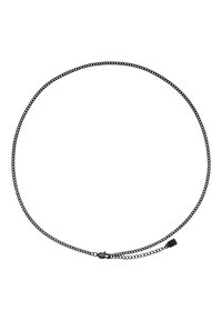 Zwart metalen kettinghalsketting met een ontwerp van ronde schakels en een veilige sluiting, wat een gladde textuur en een minimalistische uitstraling creëert.