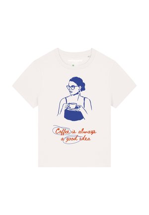 T-shirt en coton blanc avec un dessin au trait bleu d'une femme tenant une tasse, accompagné d'un texte rouge indiquant "Le café est toujours une bonne idée."