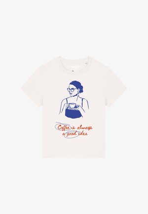 T-shirt en coton blanc avec un dessin au trait bleu d'une femme tenant une tasse, accompagné d'un texte rouge indiquant "Le café est toujours une bonne idée."