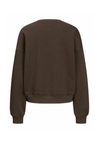 Bruine sweatshirt met een ronde halslijn, lange mouwen en geribde boorden. Heeft een gladde textuur en een ontspannen pasvorm. Achteraanzicht weergegeven.