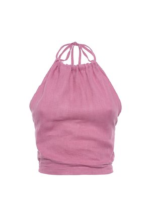 Różowy halter crop top wykonany z lnu, z marszczonym dekoltem i wiązaniami z tyłu. Gładka tekstura i dopasowany krój.