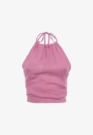 Roze halter crop top van linnen stof, met een geplooide halslijn en strikjes op de rug. Gladde textuur met een getailleerde pasvorm.