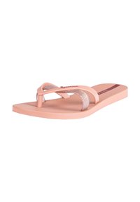 Pink rubber flip-flop with glittery transparent straps, textured footbed, and a horizontal metallic accent. Brand logo on the strap.