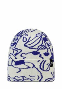 Knit beanie in white with blue cartoon patterns, featuring a folded brim and a black logo tag. Soft texture, round shape, and playful design.