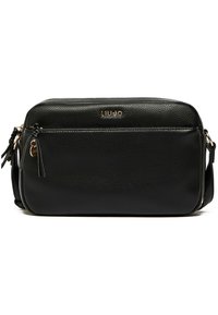 Sort læder crossbody taske med tekstureret overflade, hardware i guldtoner, forlommelomme med lynlås og justerbar rem. Har et logodetalje.