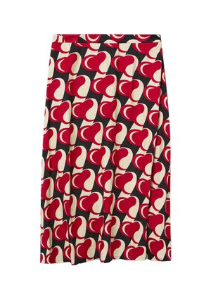 Una falda hasta la rodilla con un patrón repetitivo de formas abstractas rojas sobre un fondo crema, con detalles negros para proporcionar contraste.