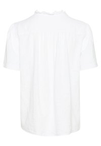 Blusa bianca a maniche corte con scollo arricciato e retro plissettato. Realizzata in un tessuto leggero, presenta una vestibilità morbida e una texture soffice.