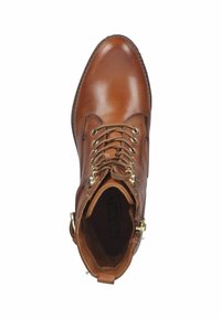 Brown leather ankle boot with lace-up closure, gold eyelets, and a slightly rounded toe. Smooth texture and a contrasting stitched sole.