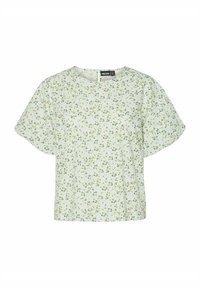 Blomster kortærmet bluse i lysegrøn med rund hals. Har spredte blå og grønne blomster mønstre på et struktureret stof.