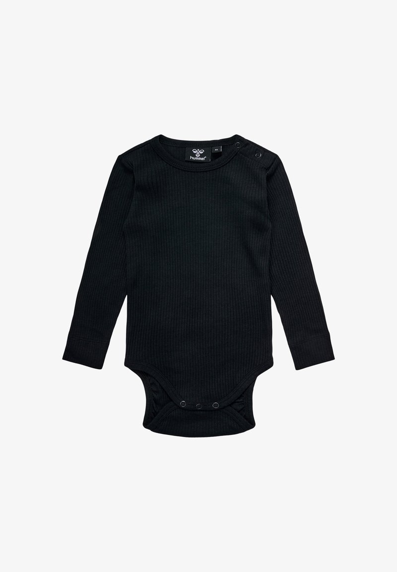 Svart långärmad bodysuit i ribbat tyg, med rund halsringning och tryckknappar nertill. Enkelt, enfärgat utan mönster.
