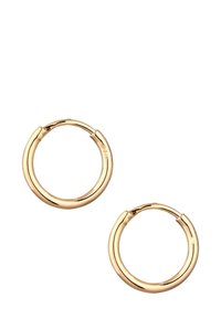 Boucles d'oreilles en métal doré en forme de cerceau, avec une silhouette lisse et ronde et un design épuré. Remarquables pour leur finition brillante et leur style minimaliste.