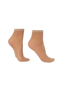 Calcetines tobilleros en tono marrón claro con puños acanalados, que presentan un sutil patrón de diamantes. Están fabricados con un material ligero y transparente.