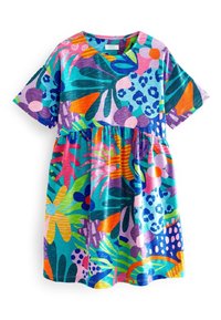 Lyhythihainen mekko, jossa on eloisa kukkakuosi, väreinä vaaleanpunainen, sininen, vihreä ja oranssi. Valmistettu pehmeästä kankaasta, jossa on kerätystä vyötäröstä.