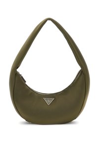 Borsa hobo verde oliva con una texture liscia, forma curva e un logo triangolare argentato. Presenta una chiusura con zip e una tracolla morbida e spessa.