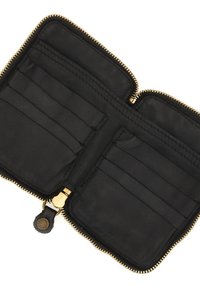 Portafoglio in pelle nera con chiusura a zip, dotato di più slot per carte e vani. Gli accessori in oro mettono in risalto il design.
