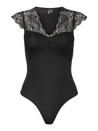 Body noir sans manches avec manches courtes en dentelle et détails en dentelle sur le haut de la poitrine et les épaules, encolure en V, silhouette ajustée.