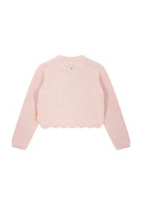 Světle růžový pletený svetr s vlnitým lemem, na zadní straně obohacený nášivkou ve tvaru medvědí tváře a s jemnými tečkami po celém materiálu.