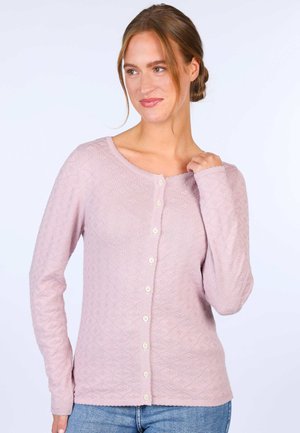 Light pink cardigan with a textured diamond pattern, round neckline, and button front. Long sleeves and soft knit material.