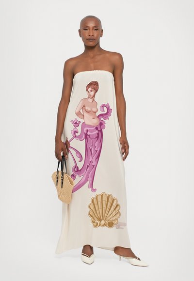 Strapless maxi dress in light cream featuring a large pink artistic illustration of a woman and shell, smooth fabric, flowing design.