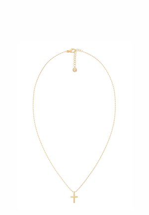 Gold-tone necklace featuring a thin chain with a small cross pendant. The design is simple, with a clasp closure and an adjustable length.