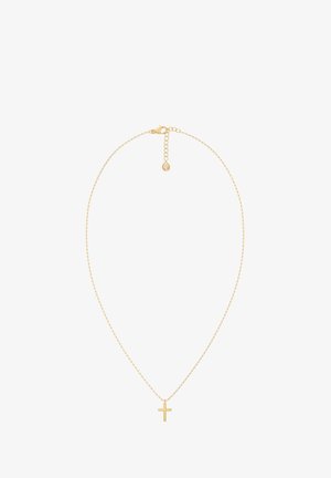 Zelta toņa kaklarota ar plānu ķēdīti un mazu krusta piekariņu. Dizains ir vienkāršs, ar aizdari un regulējamu garumu.