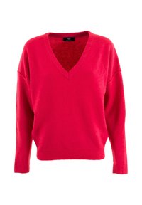 V-hals, oversized trui in felroze, gemaakt van zacht breiwerk. Heeft geribde manchetten en zoom, lichtjes verlaagde schouders.